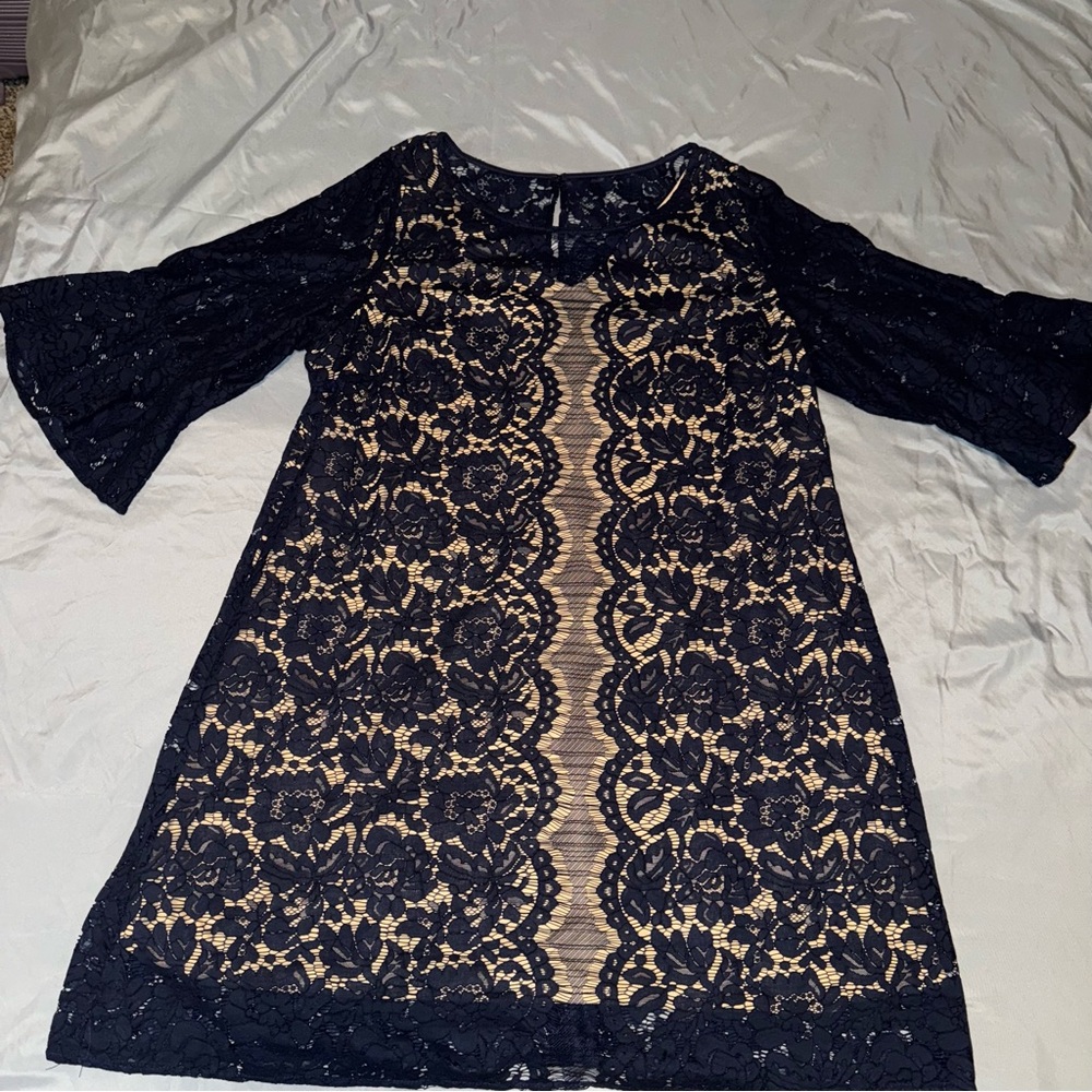 Lane Bryant Blue and Tan A-line Bell Sleeve Dress